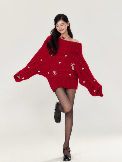YZZI HE Handmade beaded one shoulder sweater
