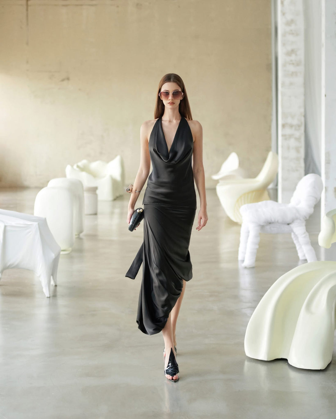 MUST HAVE Stain Draped Neckline Top &amp; Midi Wrap Skirt