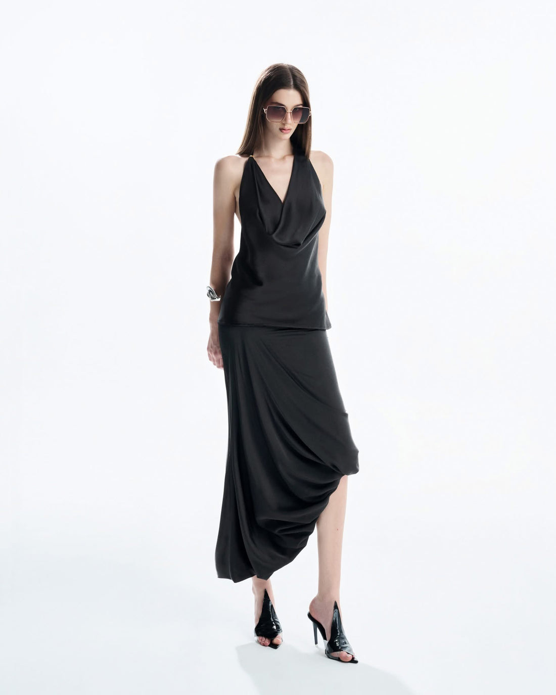 MUST HAVE Stain Draped Neckline Top &amp; Midi Wrap Skirt