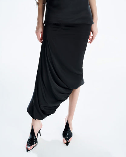 MUST HAVE Stain Draped Neckline Top &amp; Midi Wrap Skirt