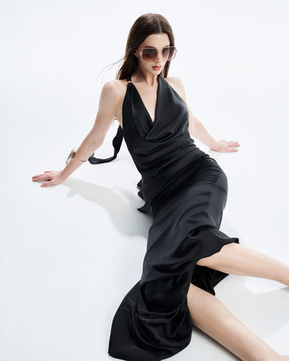 MUST HAVE Stain Draped Neckline Top &amp; Midi Wrap Skirt