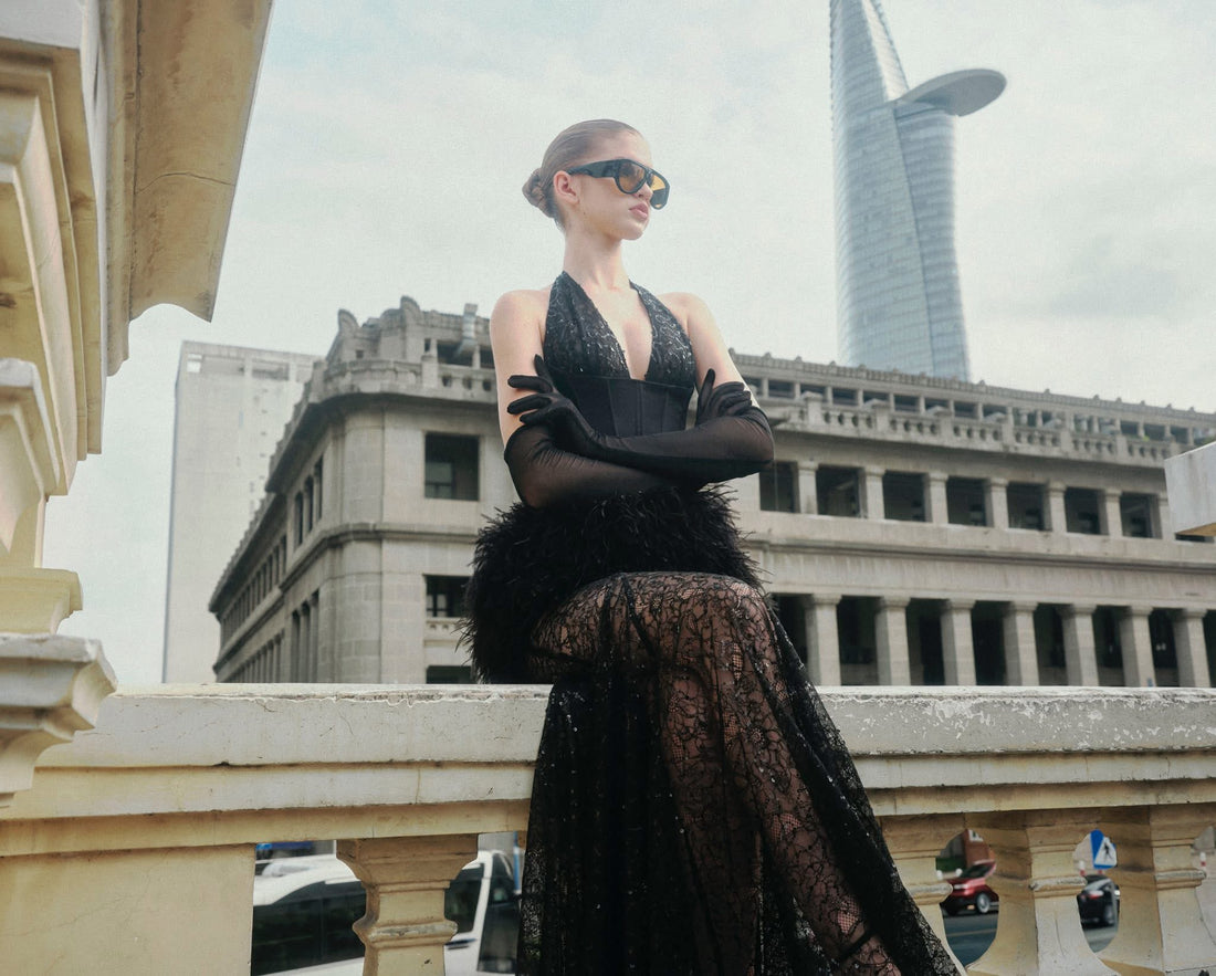 MAEL FEMME V-neck feather maxi dress