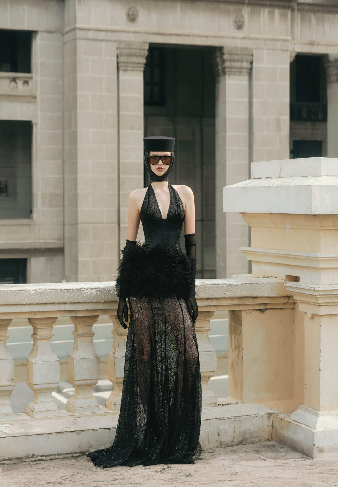 MAEL FEMME V-neck feather maxi dress