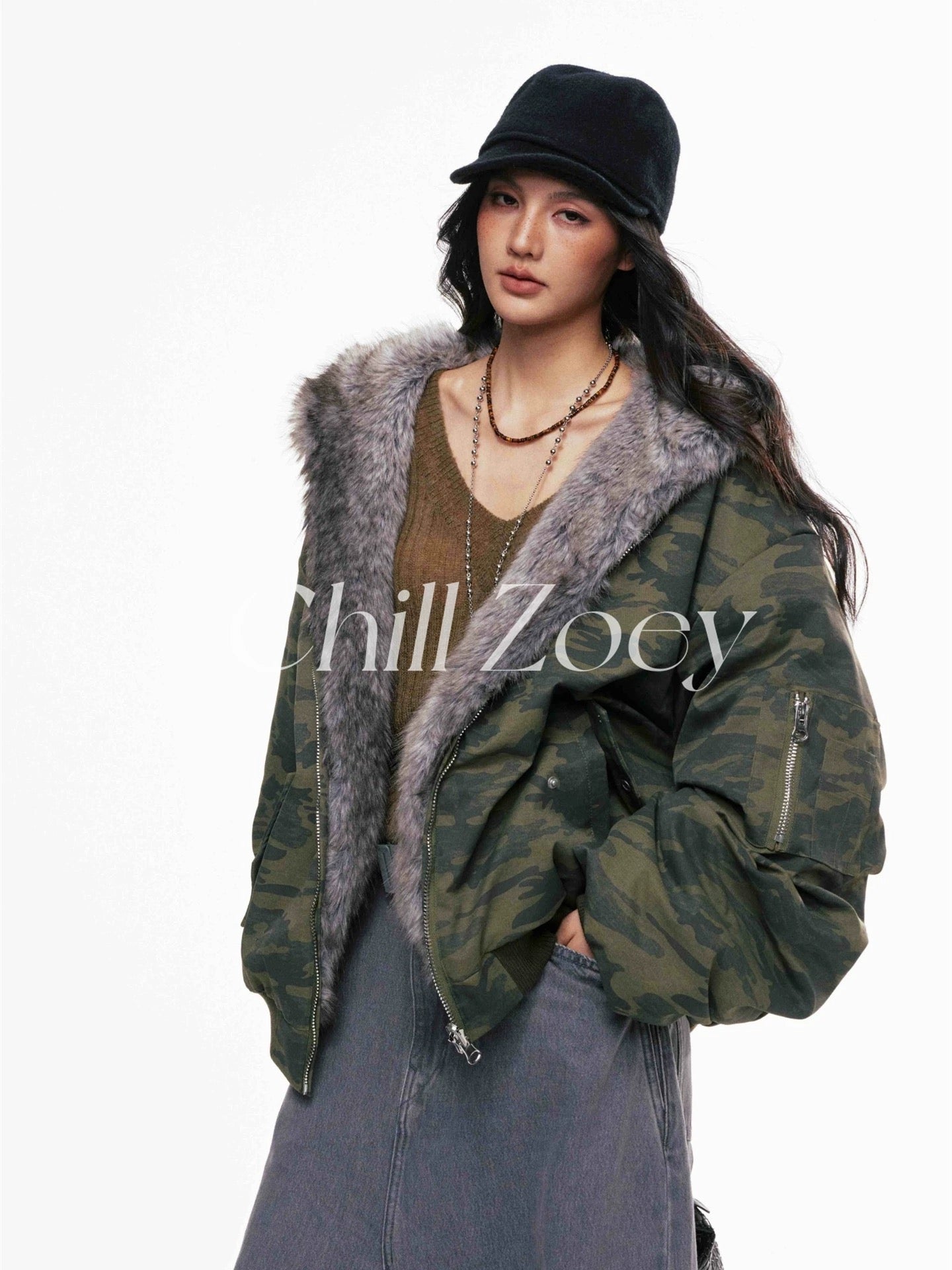 Chill Zoey Camouflage jacket worn on both sides