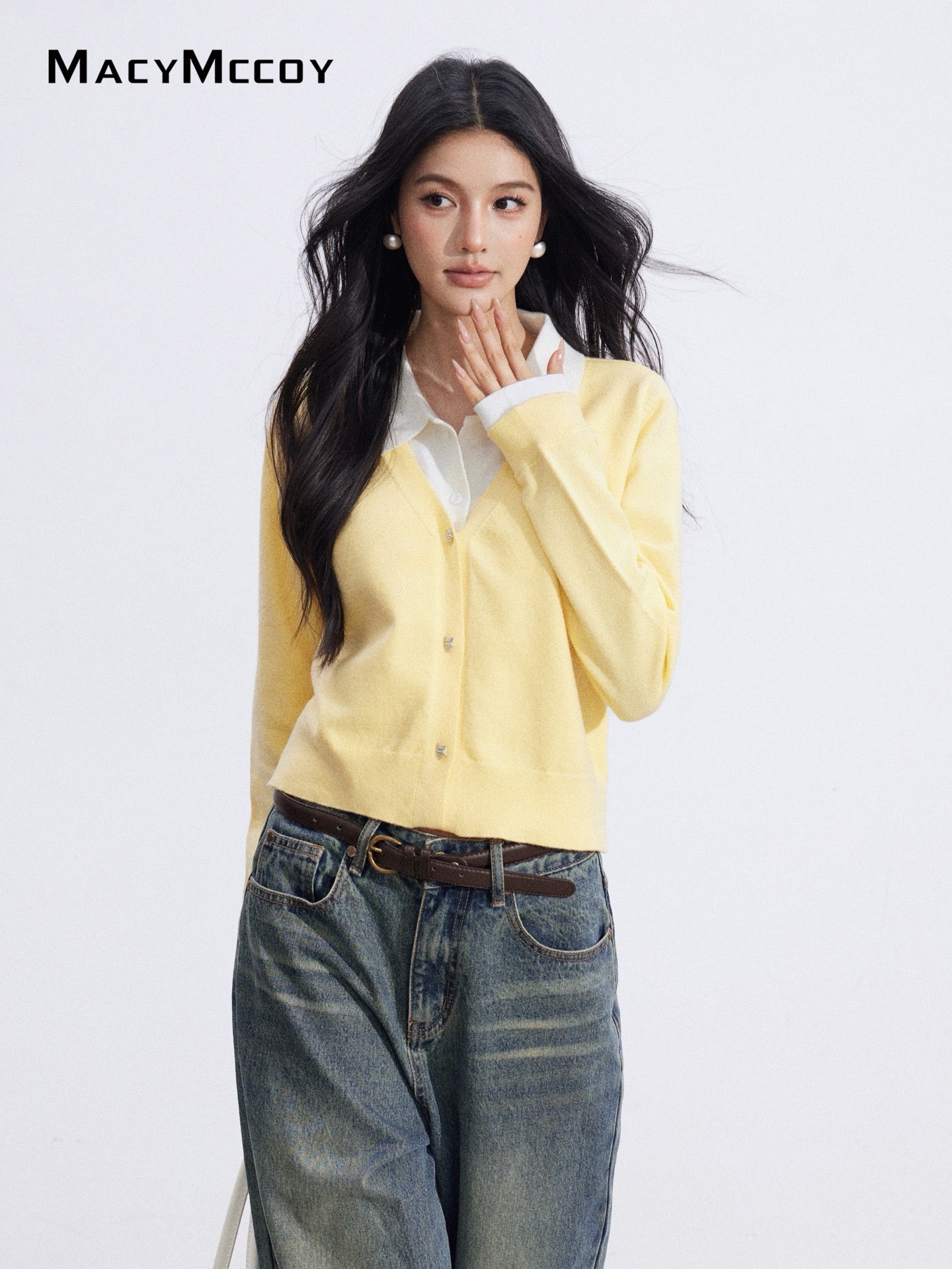 MacyMccoy in stock MMC2026011 Fake two piece polo collar knitted tops