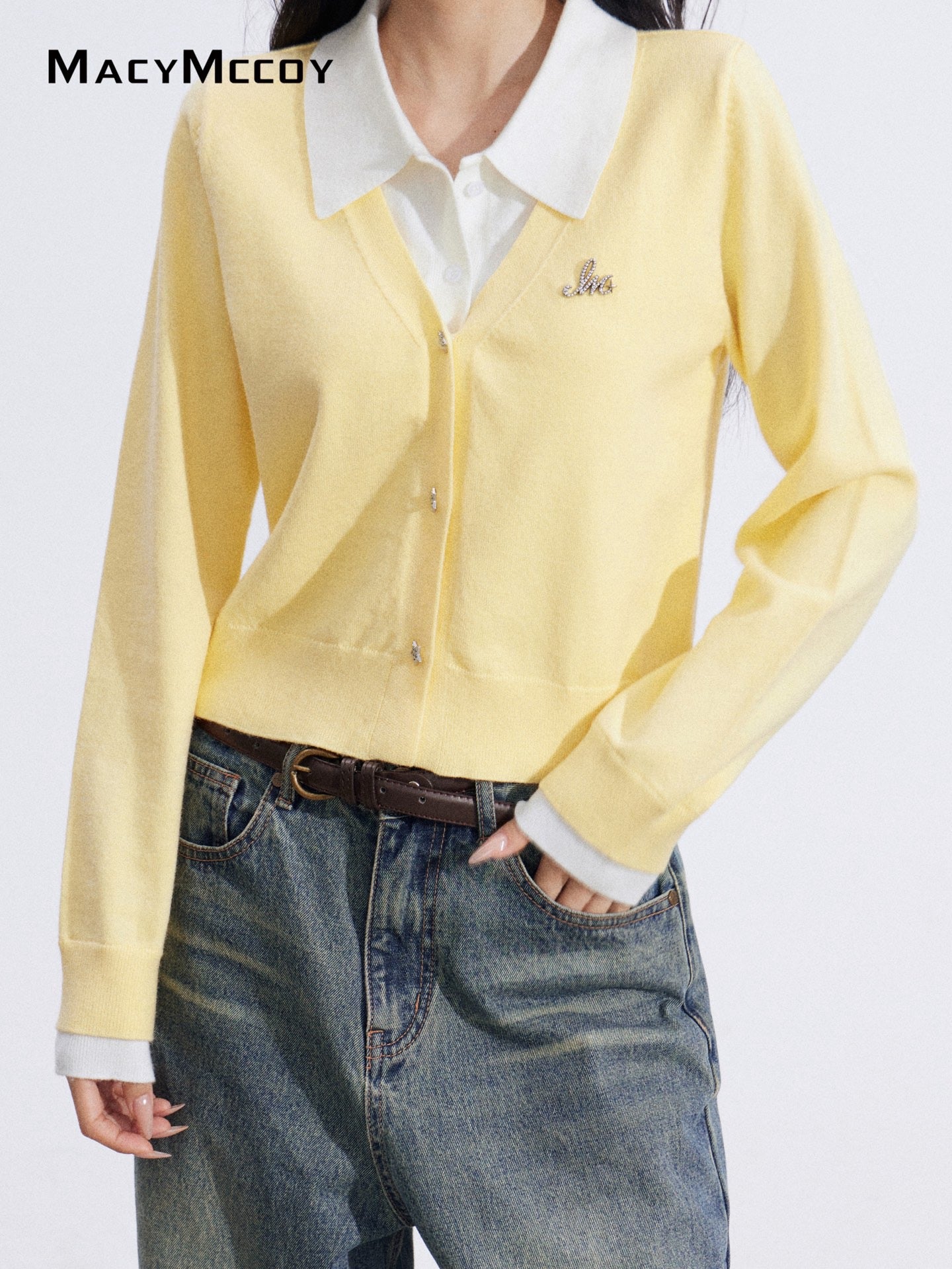 MacyMccoy in stock MMC2026011 Fake two piece polo collar knitted tops