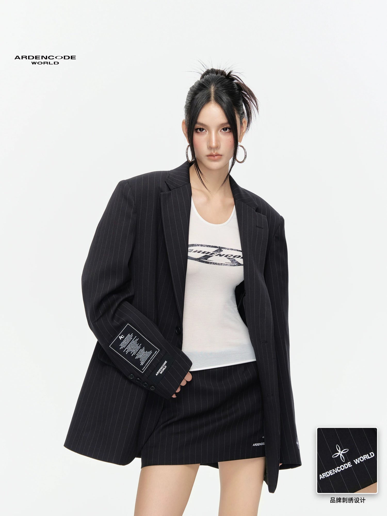 Arden Code Embroidered shoulder pad blend jacket + skirt