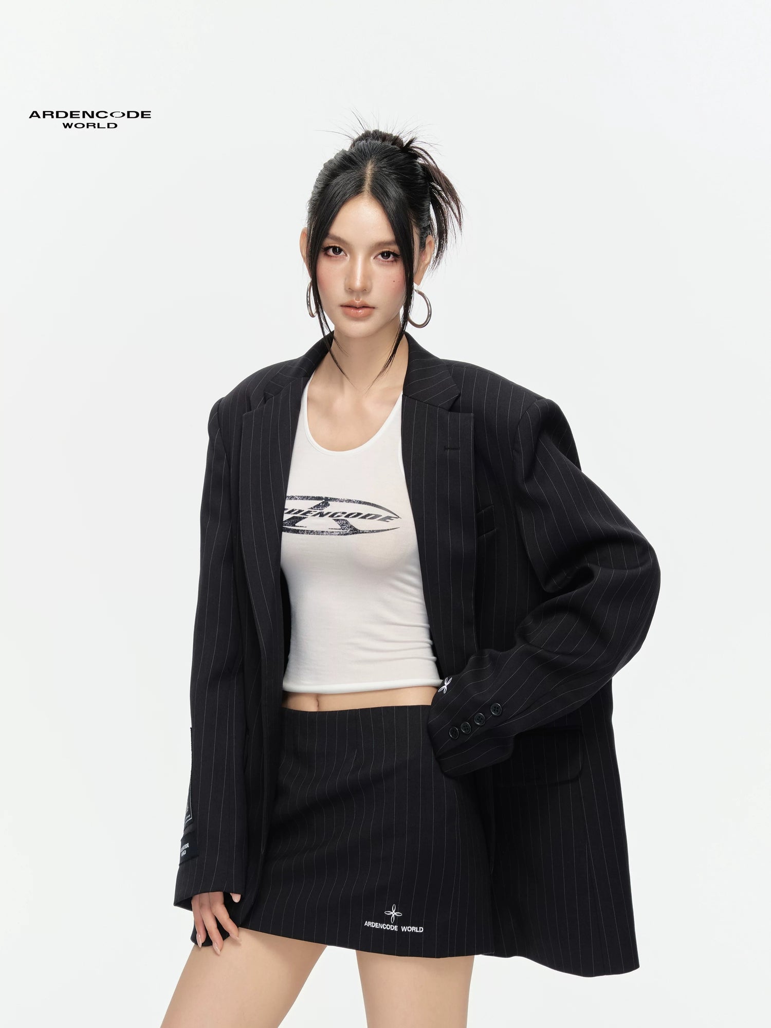 Arden Code Embroidered shoulder pad blend jacket + skirt
