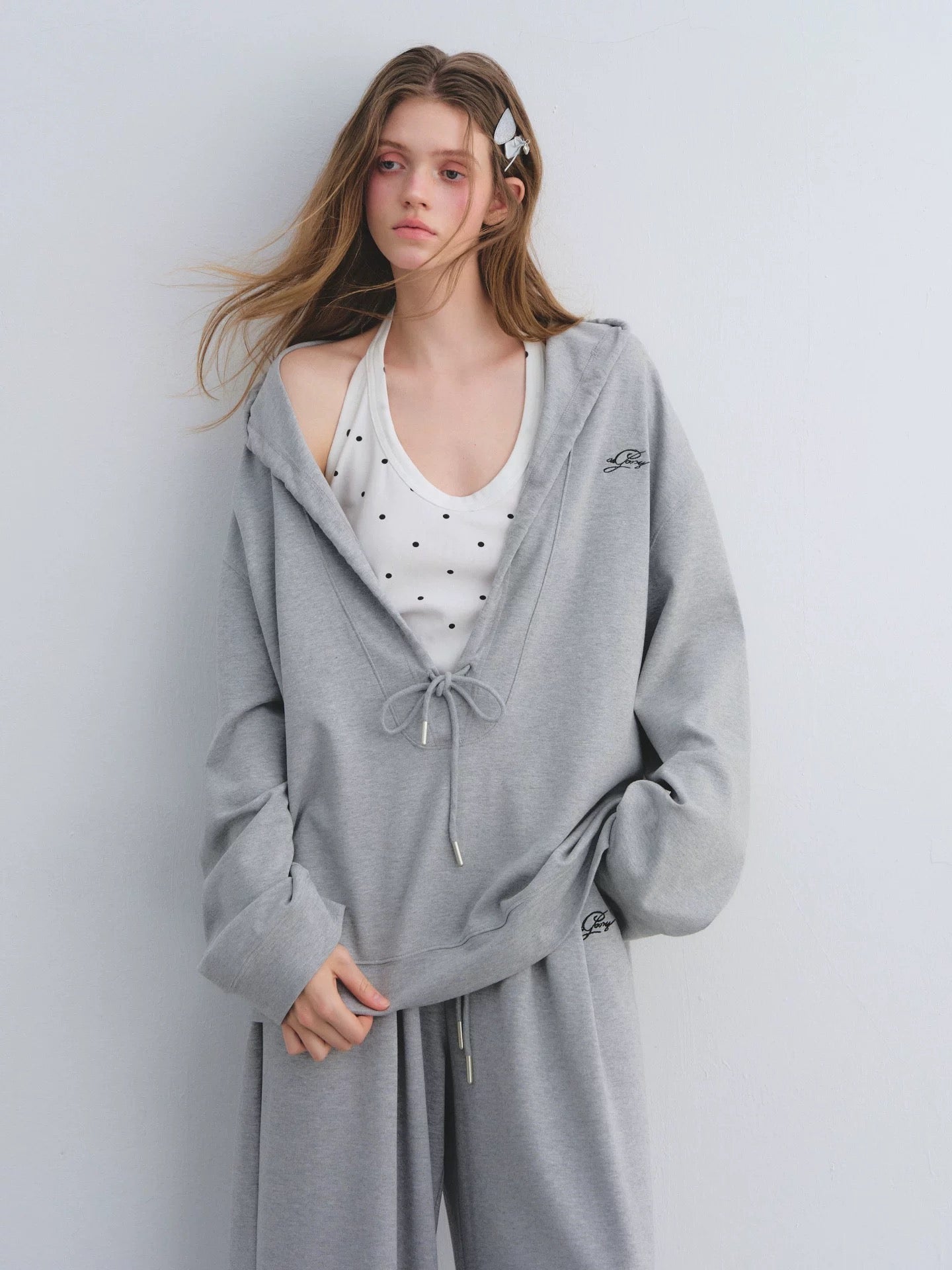AsGony ASG25656&amp;ASG25657 Preppy style suspender hooded drawstring hoodie + pants