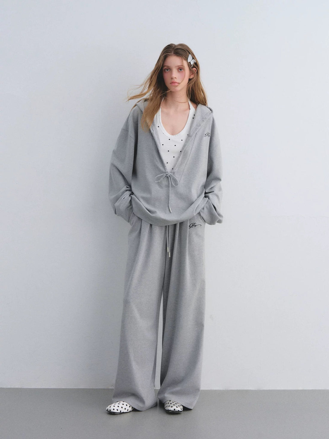 AsGony ASG25656&amp;ASG25657 Preppy style suspender hooded drawstring hoodie + pants