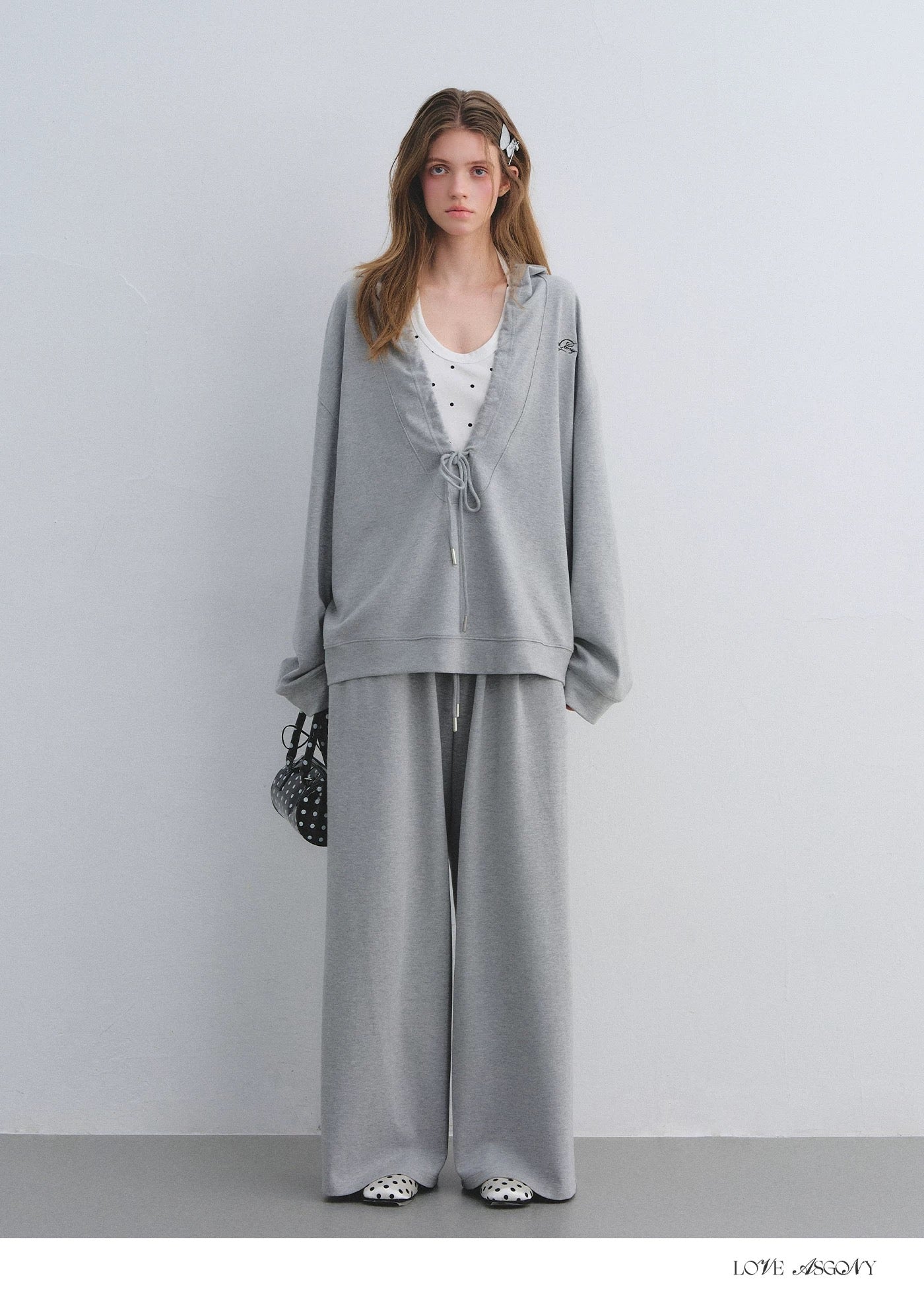 AsGony ASG25656&amp;ASG25657 Preppy style suspender hooded drawstring hoodie + pants