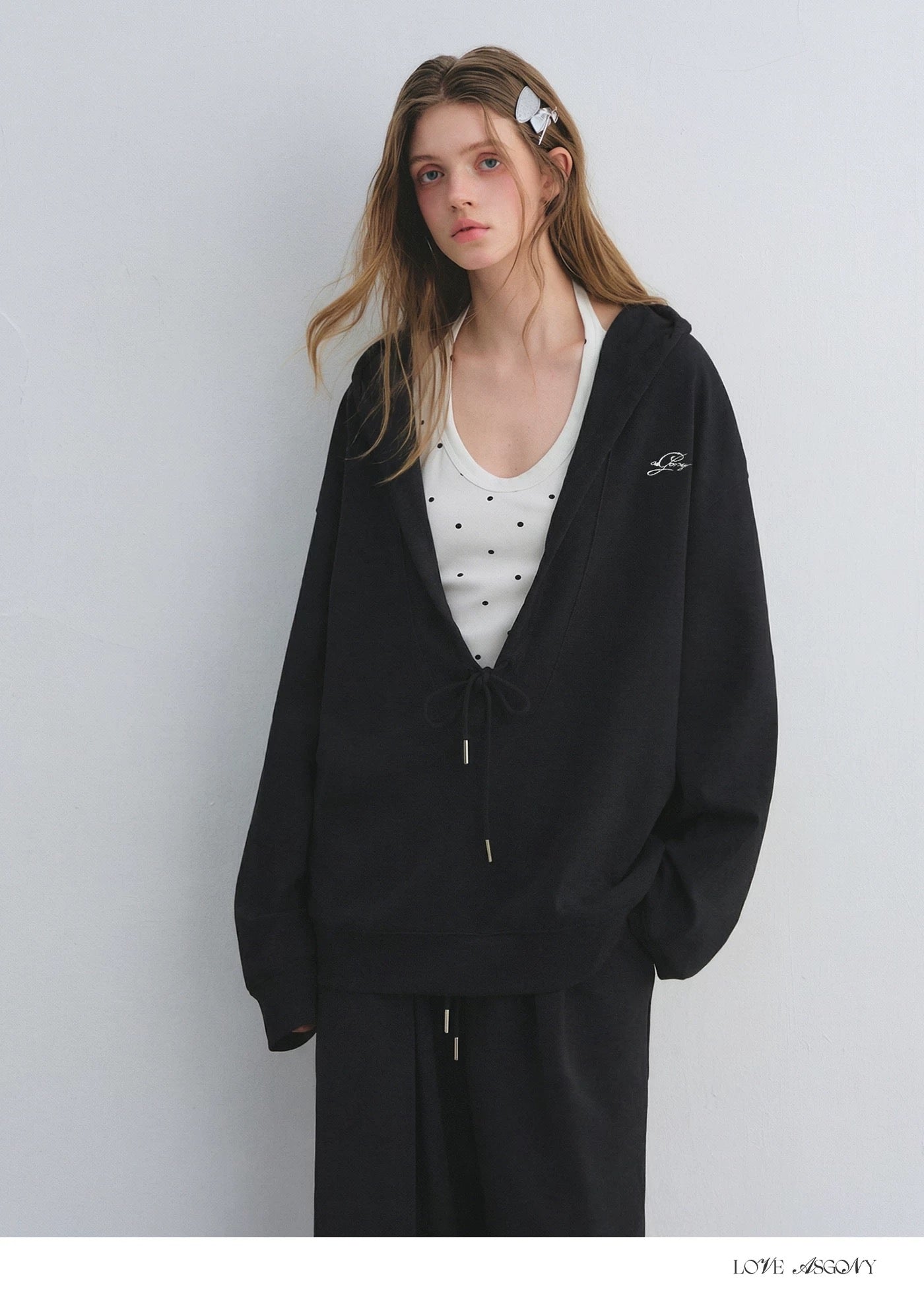 AsGony ASG25656&amp;ASG25657 Preppy style suspender hooded drawstring hoodie + pants