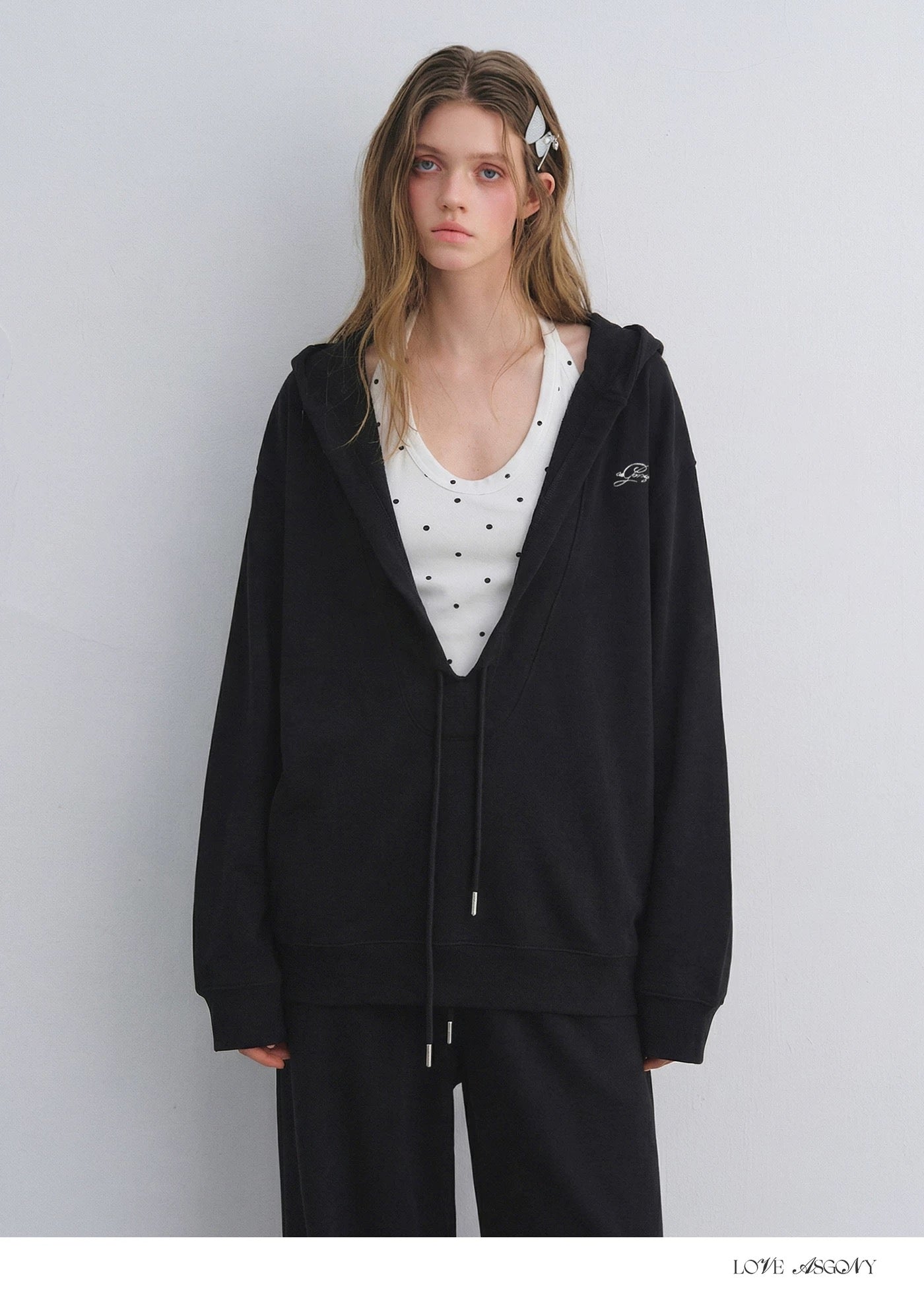 AsGony ASG25656&amp;ASG25657 Preppy style suspender hooded drawstring hoodie + pants