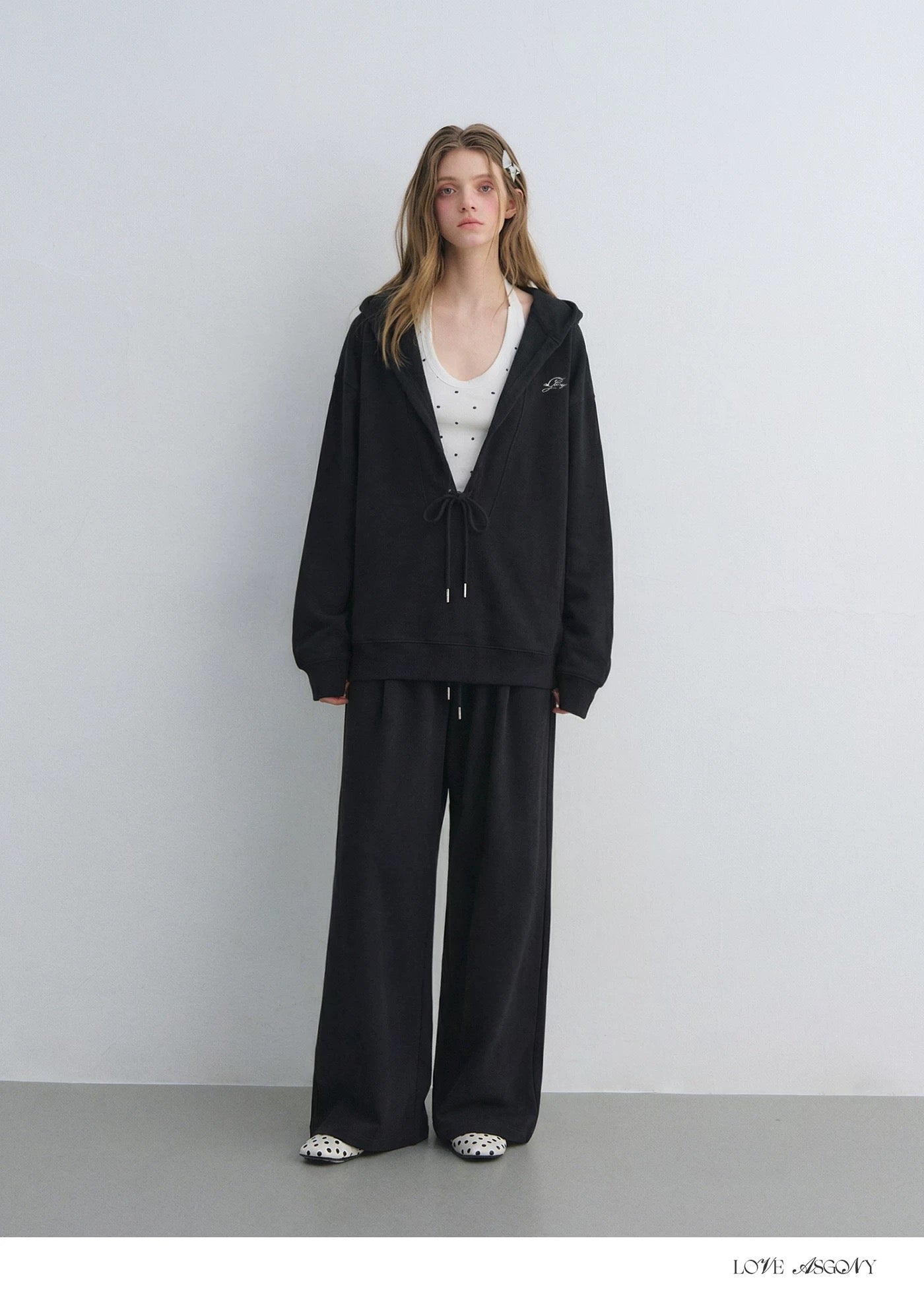 AsGony ASG25656&amp;ASG25657 Preppy style suspender hooded drawstring hoodie + pants