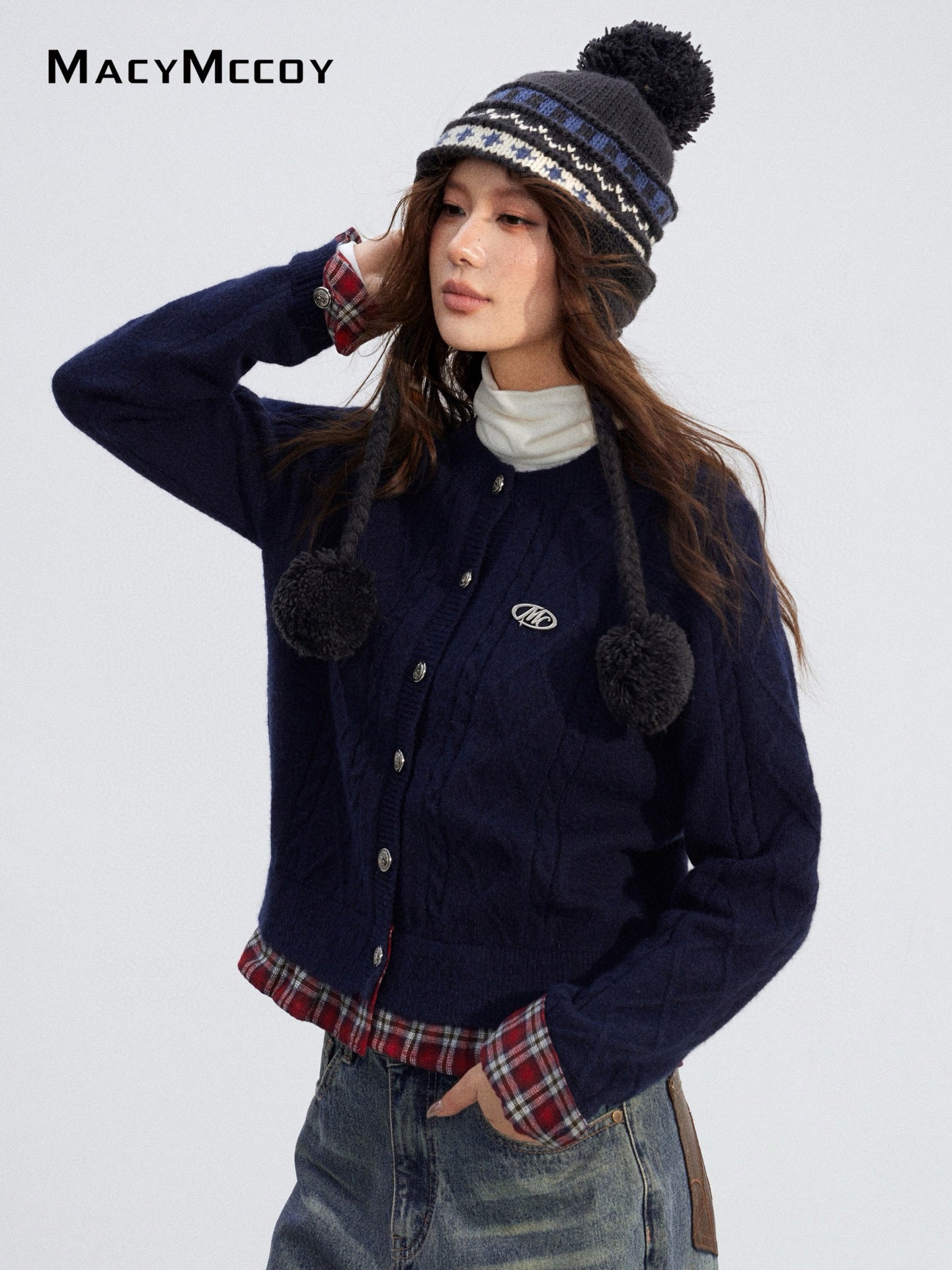 MacyMccoy MMC2025199 Checkered shirt spliced sweater