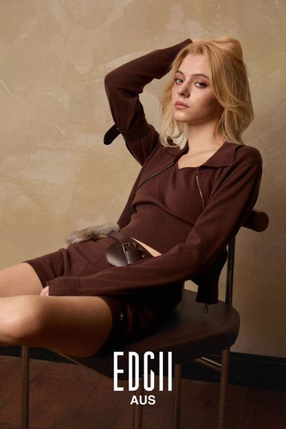 EDGII ED50AW12002&amp;ED50AW12004 Polo collar knitted cardigan + shorts set