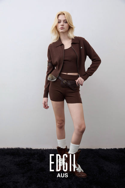 EDGII ED50AW12002&amp;ED50AW12004 Polo collar knitted cardigan + shorts set