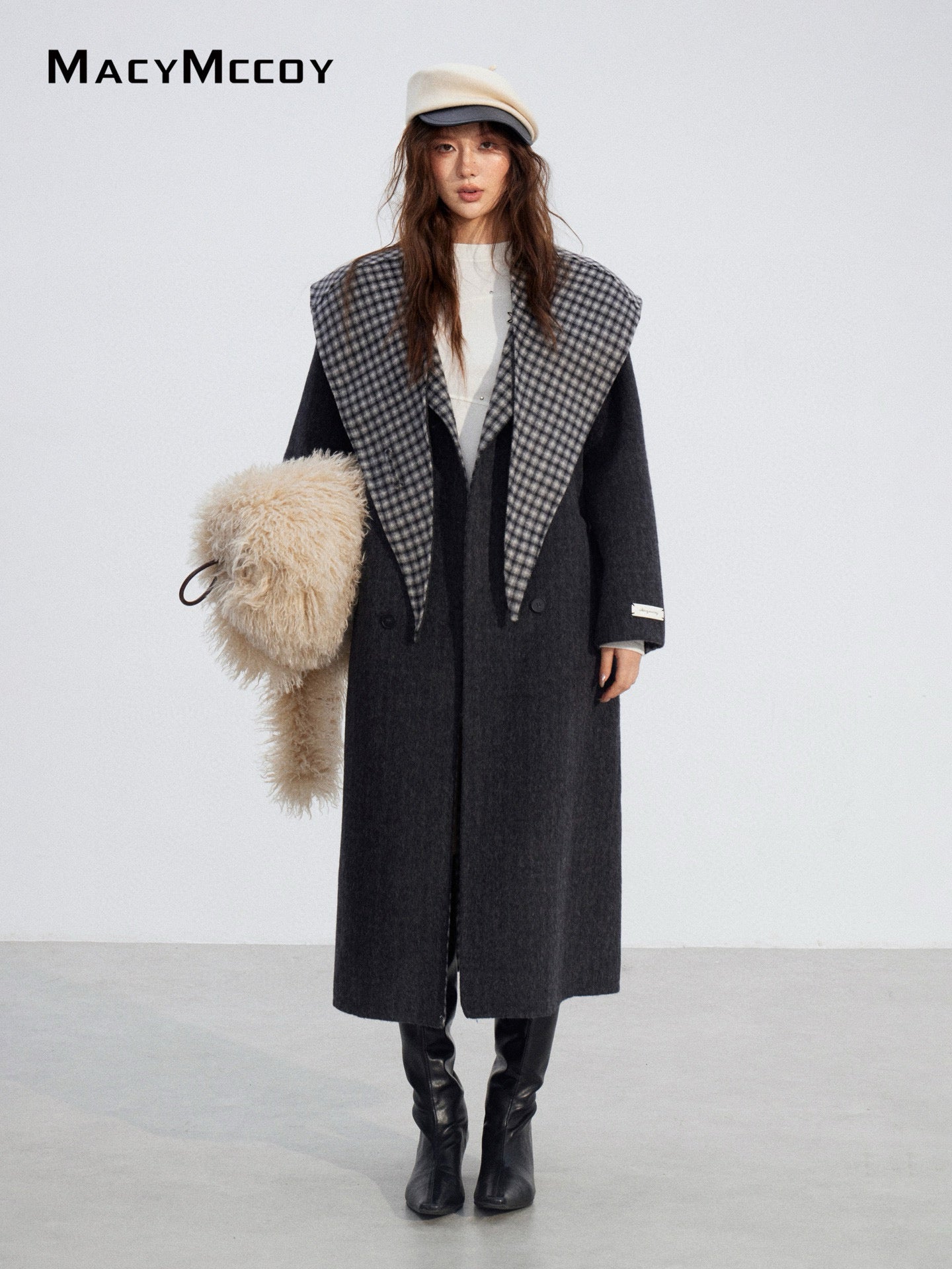 MacyMccoy MMC2025196 Checkered shawl double-faced wool coat