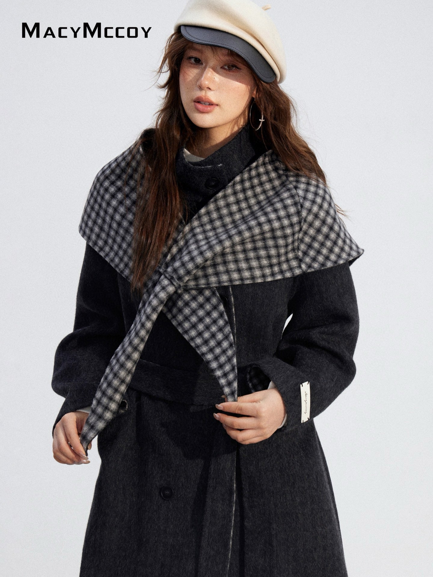 MacyMccoy MMC2025196 Checkered shawl double-faced wool coat