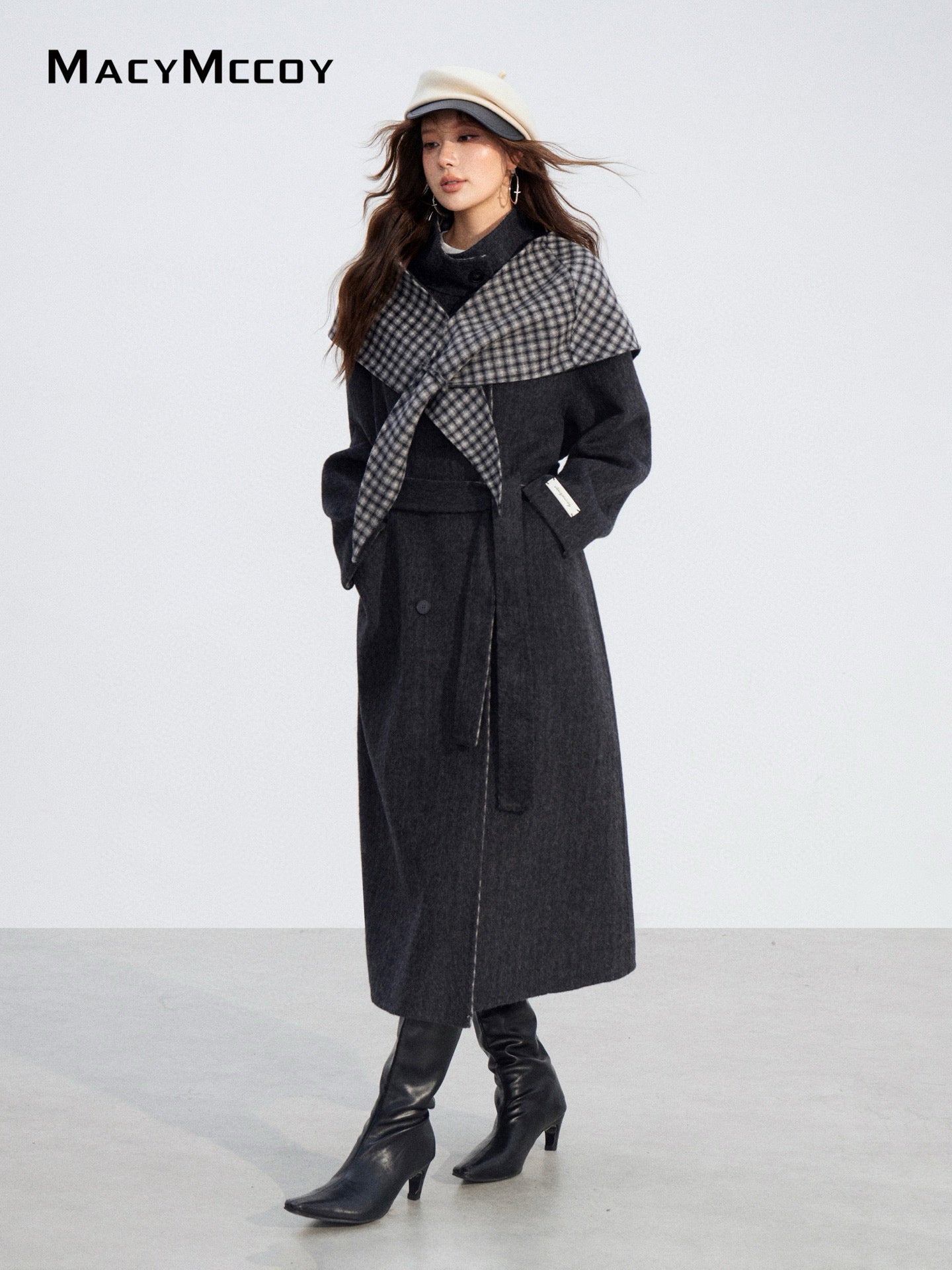 MacyMccoy MMC2025196 Checkered shawl double-faced wool coat