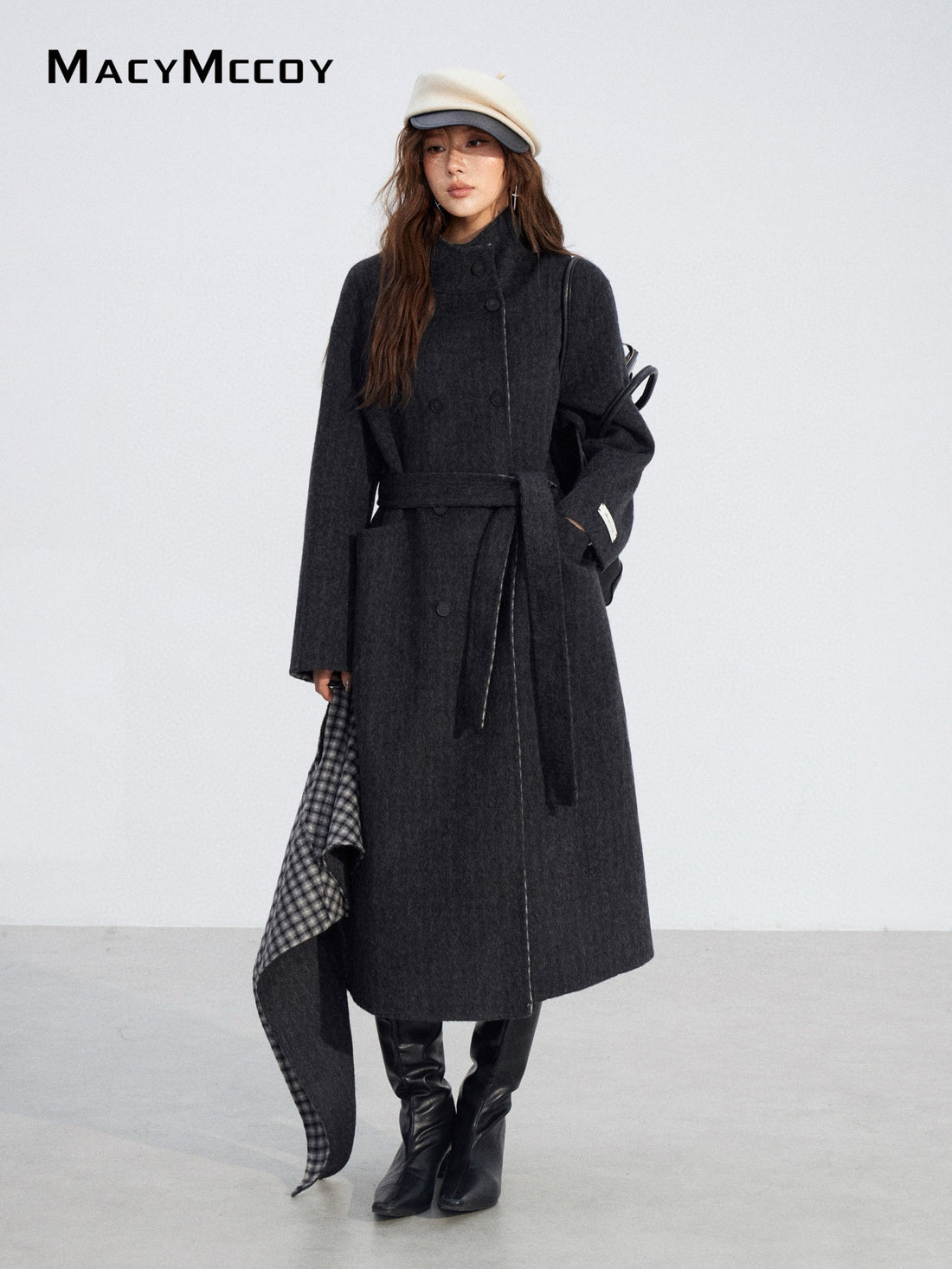 MacyMccoy MMC2025196 Checkered shawl double-faced wool coat