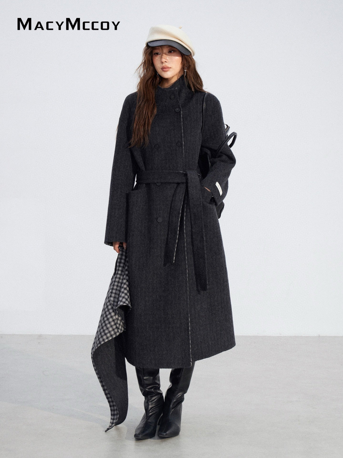 MacyMccoy MMC2025196 Checkered shawl double-faced wool coat
