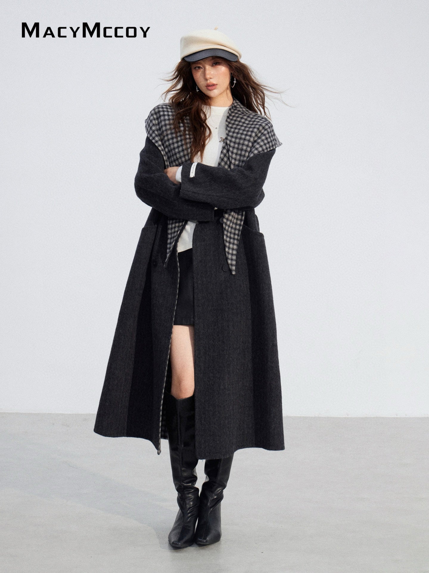 MacyMccoy MMC2025196 Checkered shawl double-faced wool coat