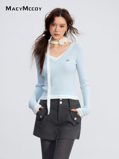 MacyMccoy MMC2025209 Color blocking V-neck base top