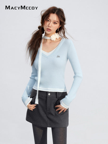 MacyMccoy MMC2025209 Color blocking V-neck base top