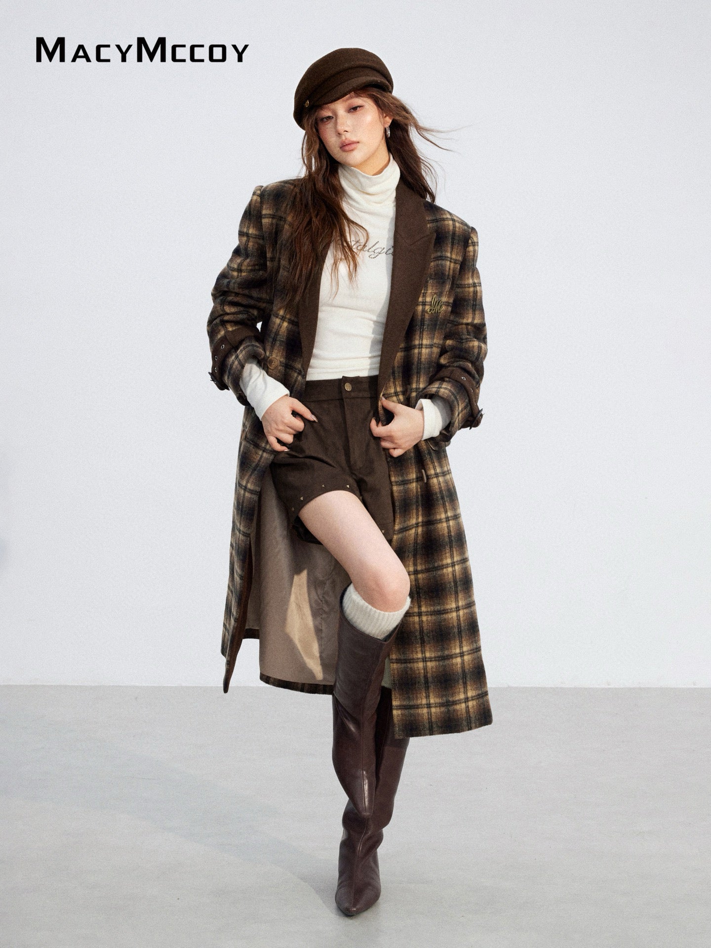 MacyMccoy MMC2025211 Plaid patchwork woolen coat
