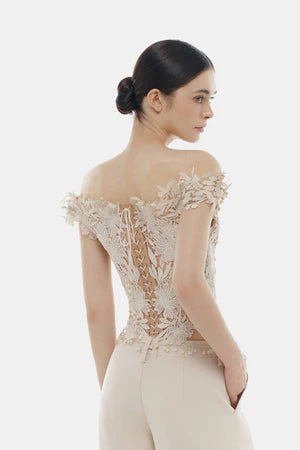 Montsand Beige Flower Beaded Corset Top