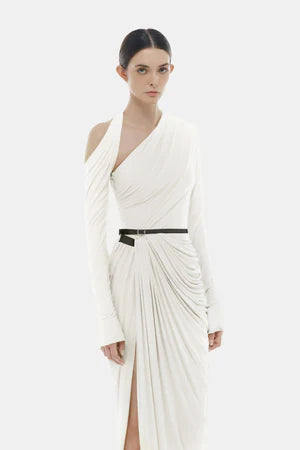 Montsand White draped Asymmetric Maxi Dress