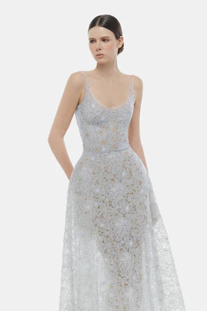 Montsand Blue Flower Lace Midi Dress