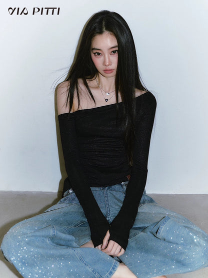 VIA PITTI VIABTP409 Shiny one shoulder irregular T-shirt