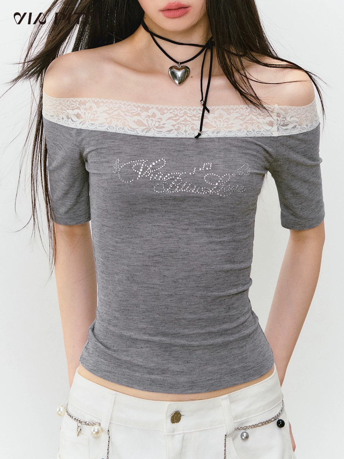 VIA PITTI VIABTP263 Lace patchwork rhinestone short sleeved T-shirt