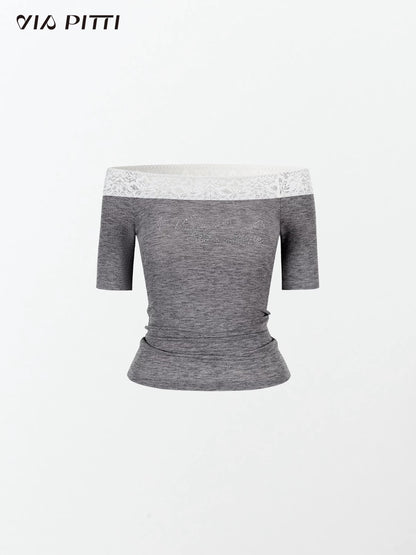 VIA PITTI VIABTP263 Lace patchwork rhinestone short sleeved T-shirt