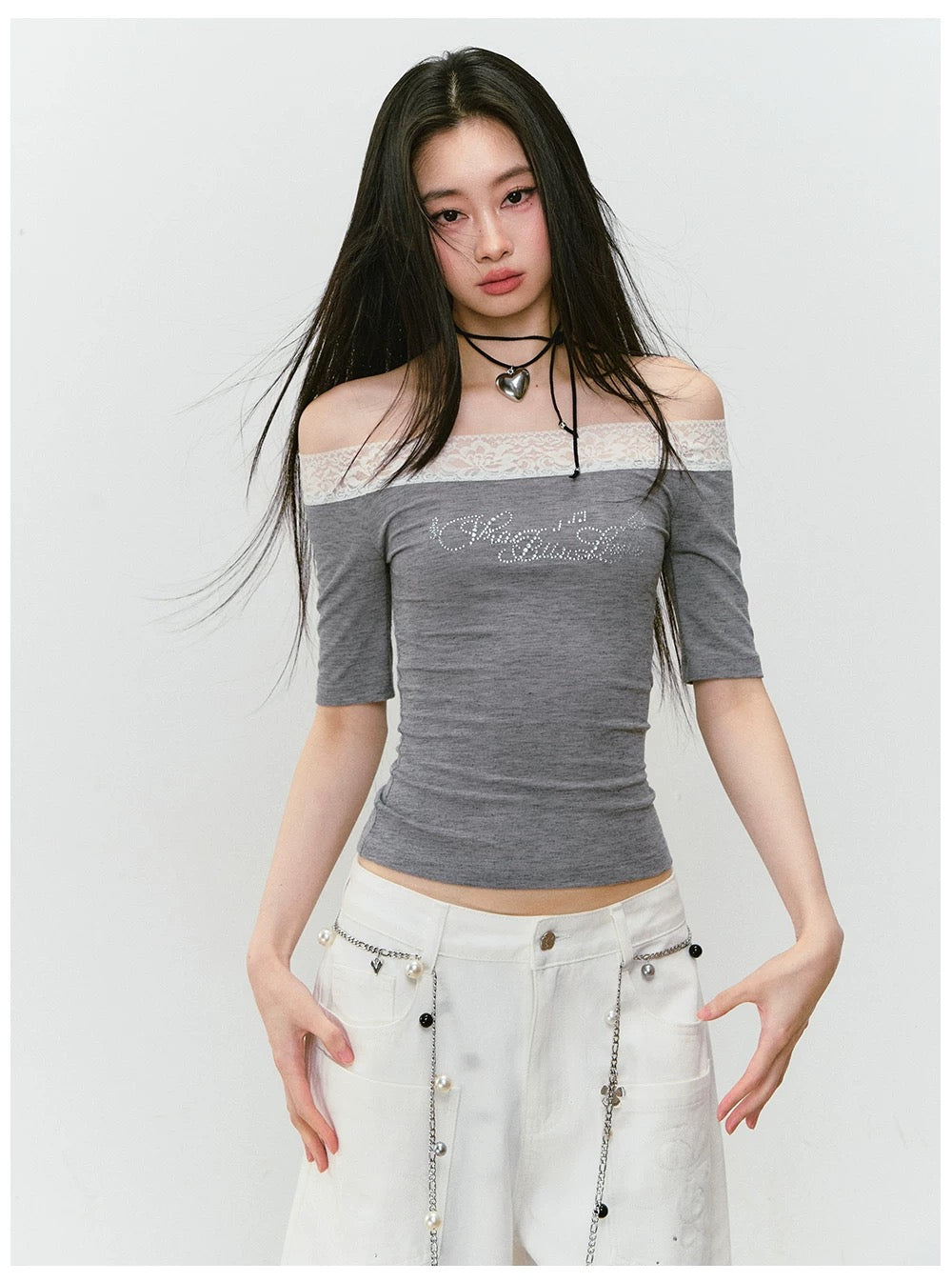 VIA PITTI VIABTP263 Lace patchwork rhinestone short sleeved T-shirt