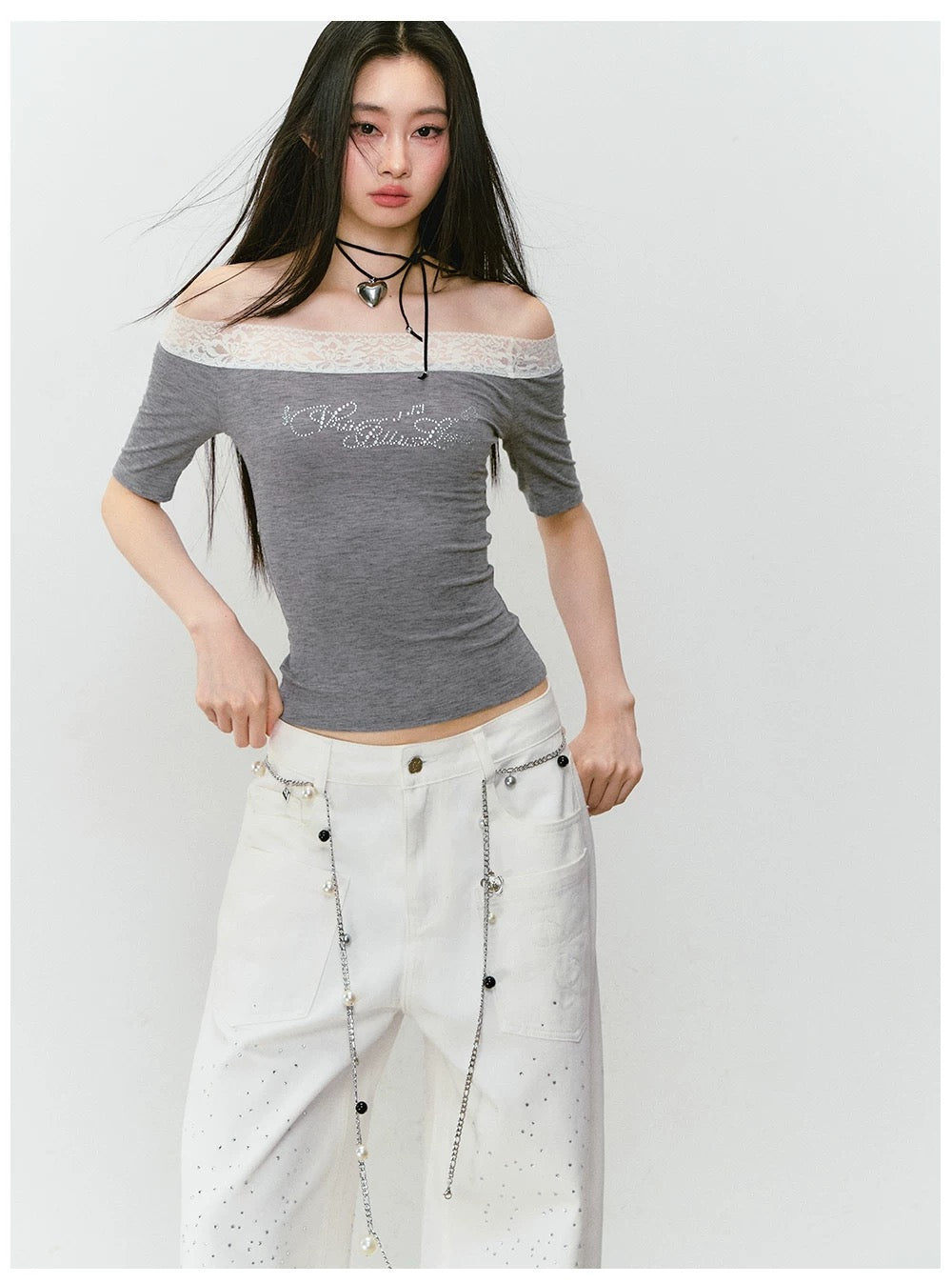 VIA PITTI VIABTP263 Lace patchwork rhinestone short sleeved T-shirt