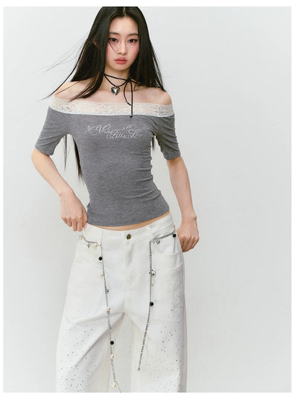 VIA PITTI VIABTP263 Lace patchwork rhinestone short sleeved T-shirt