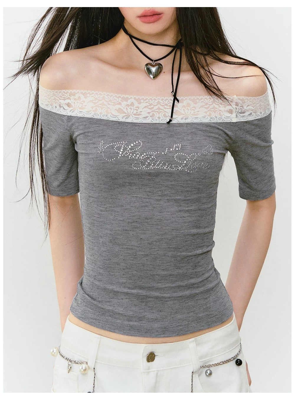 VIA PITTI VIABTP263 Lace patchwork rhinestone short sleeved T-shirt