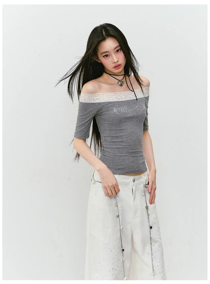 VIA PITTI VIABTP263 Lace patchwork rhinestone short sleeved T-shirt