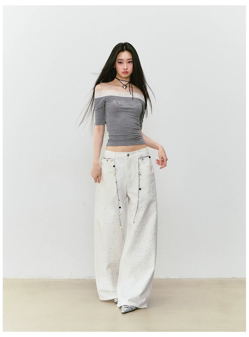 VIA PITTI VIABTP263 Lace patchwork rhinestone short sleeved T-shirt