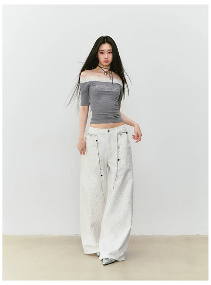 VIA PITTI VIABTP263 Lace patchwork rhinestone short sleeved T-shirt