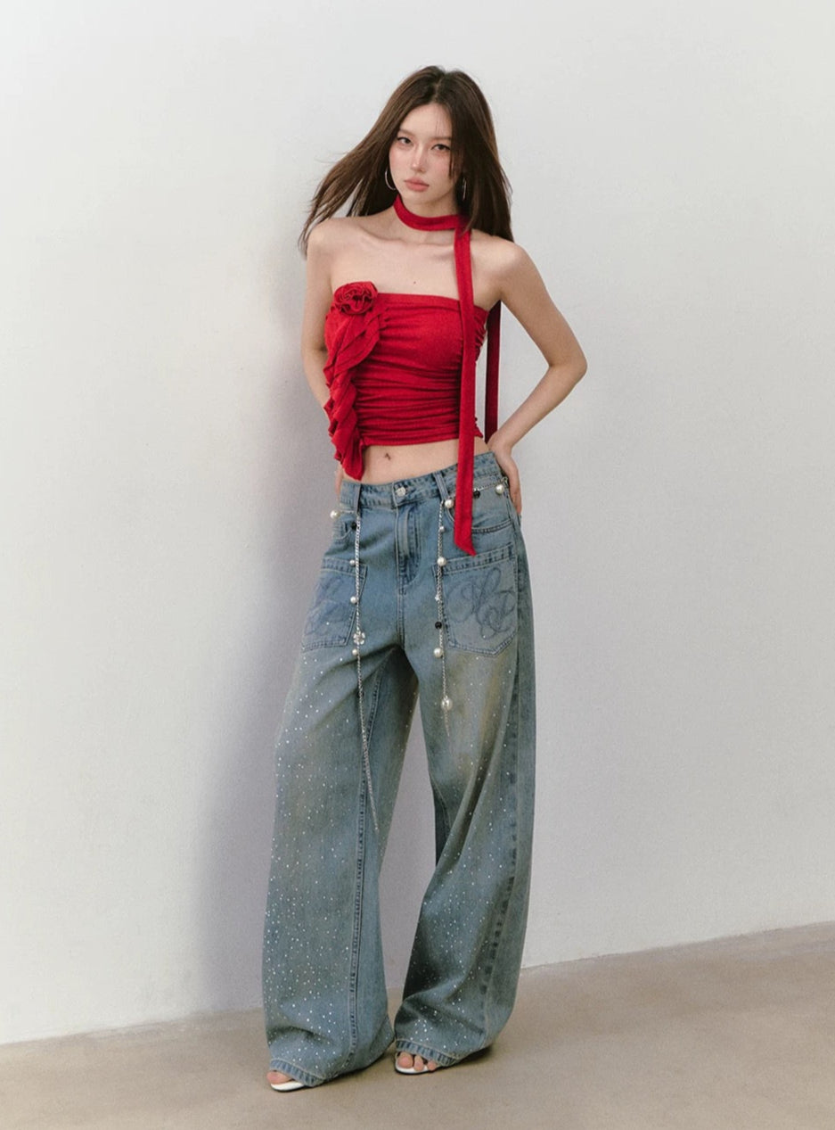 VIA PITTI VIABTP302 3D rose blossom slim fit strapless top