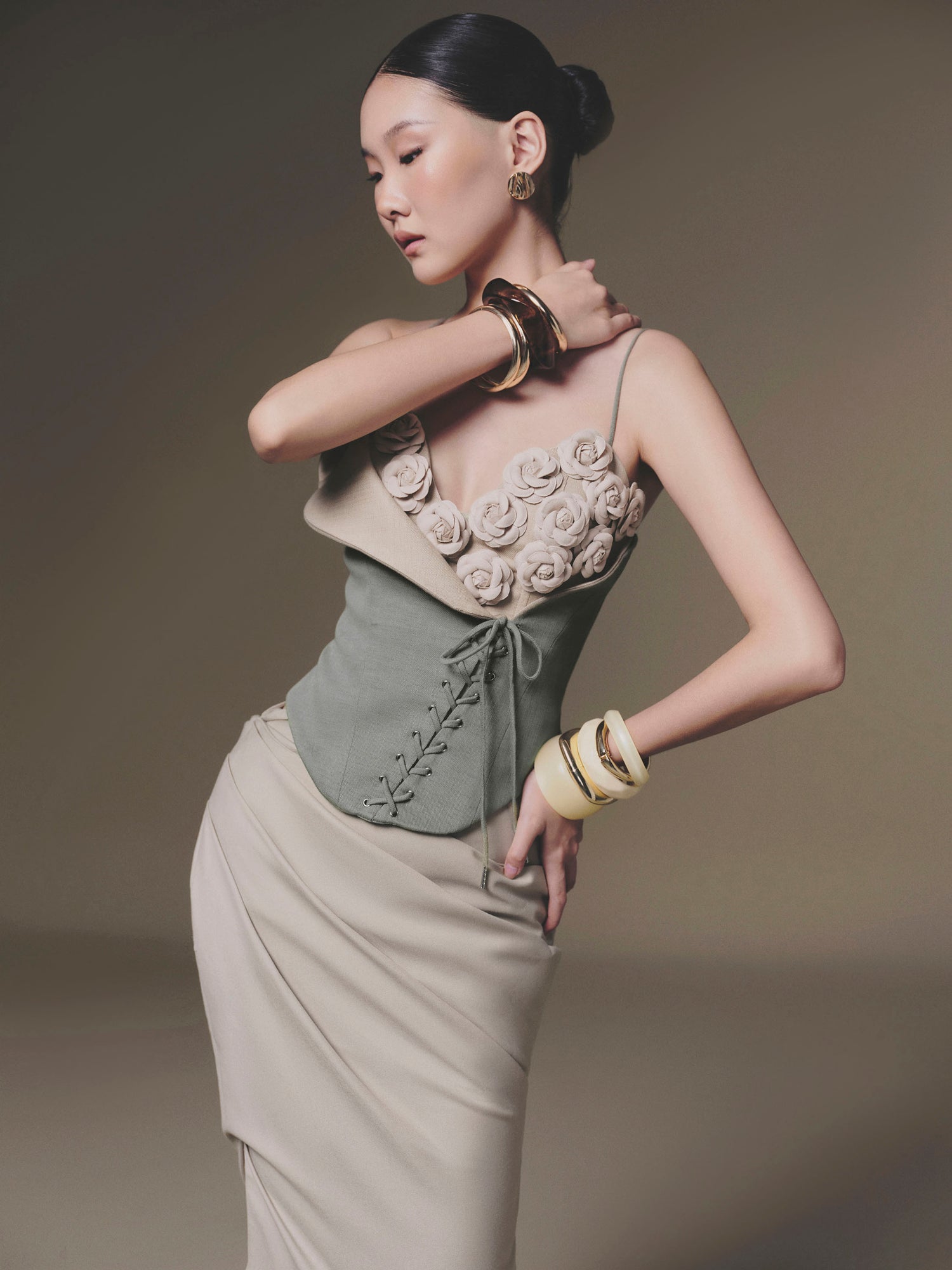 KEIRA TONG Camellia Corset Top &amp; Tucked Skirt