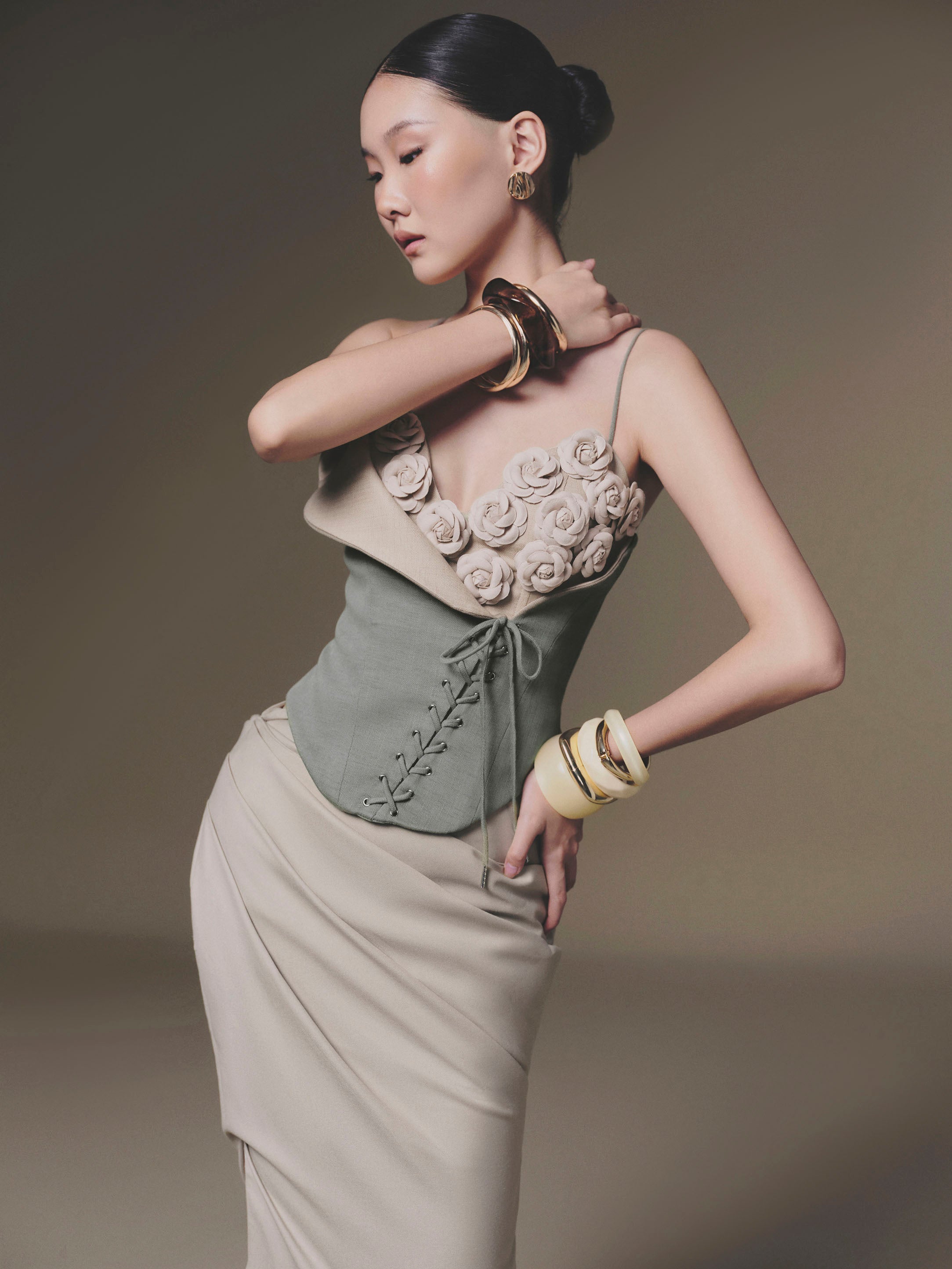 KEIRA TONG Camellia Corset Top &amp; Tucked Skirt