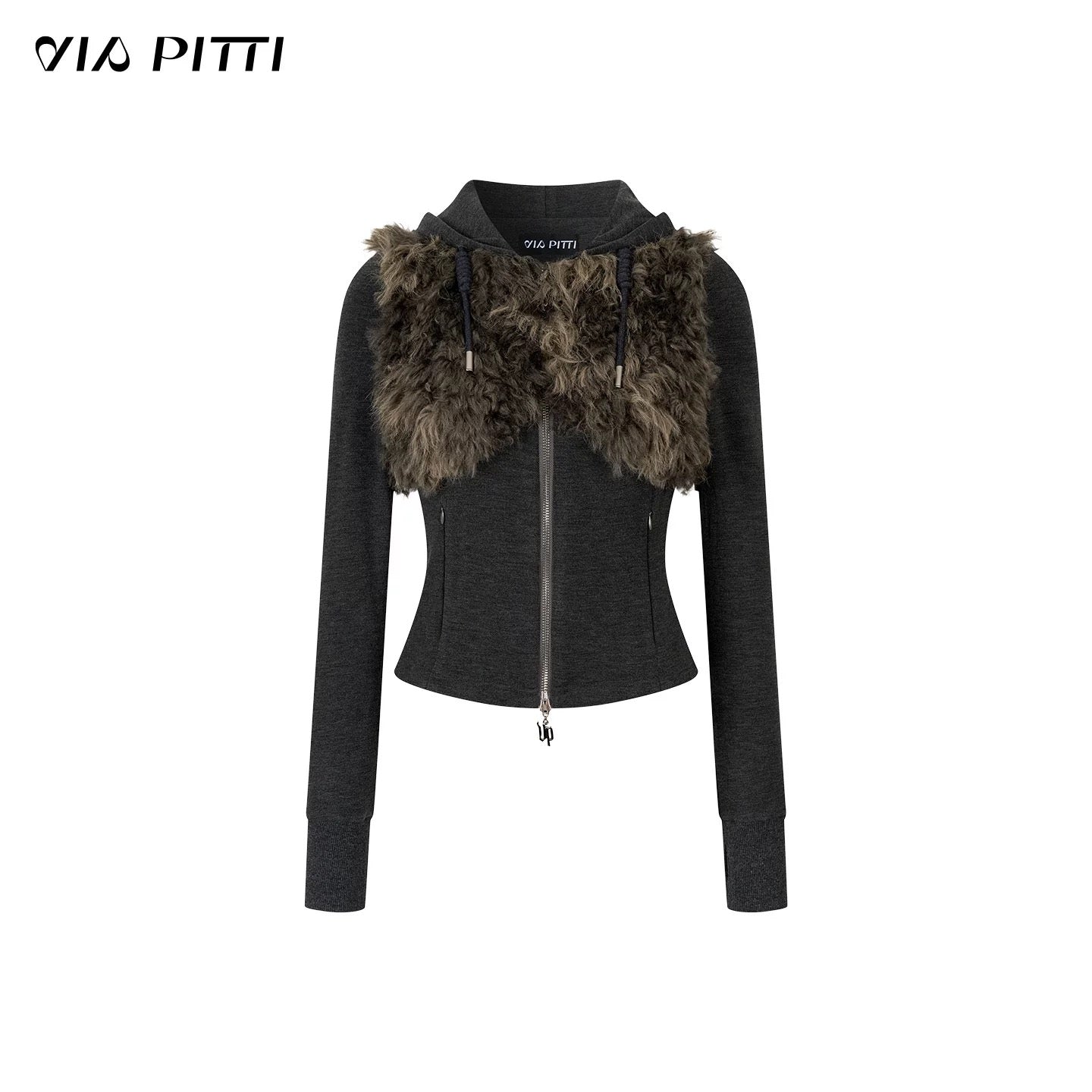 VIA PITTI VIACC553 Retro fur collar hooded sweatshirt + pants set