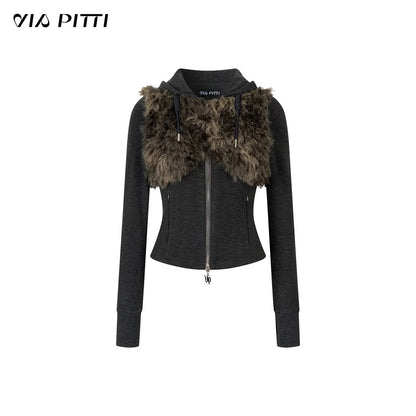 VIA PITTI VIACC553 Retro fur collar hooded sweatshirt + pants set