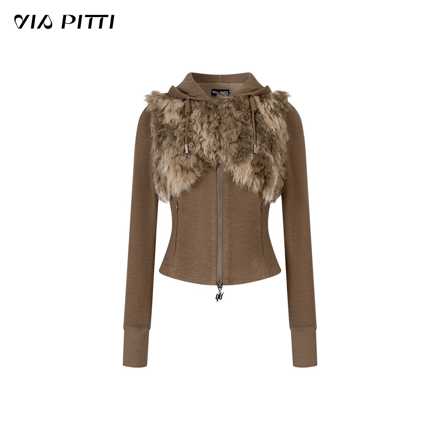 VIA PITTI VIACC553 Retro fur collar hooded sweatshirt + pants set