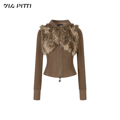 VIA PITTI VIACC553 Retro fur collar hooded sweatshirt + pants set